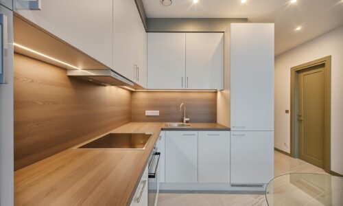 Modern kitchen with sleek cabinetry, wood accents, and simplicity